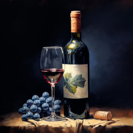 a bottle of wine and a bottle set on the table, portrayed in a realistic style by a skilled portrait painter. the dark colors create a hyper-detailed rendering, with light maroon and dark blue tones adding to its pastoral charm. the loose handling of paint adds to the overall skillful depiction. ai generatedの素材