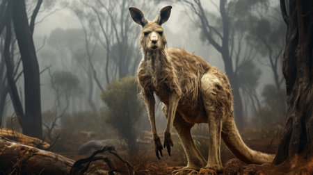 the kangaroo stands in a misty wooded area, surrounded by trees, in a life-like illustration style. this national geographic contest winner captures the destructive yet beautiful nature of the soggy, avian-filled environment. created with zbrush, the photo showcases the intricate details of the kangaroo's form. ai generatedの素材
