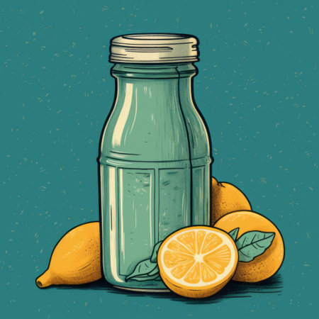 bottle with lemon, leaf, and fruit in flat lay drawing style. dark turquoise and light beige vintage comic style with loose paint application. clean and sharp inking by louis rhead. glass material. creative commons attribution. ai generatedの素材