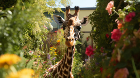 giraffe surrounded by red flowers and plants, captured in the style of object portraiture specialist, unreal engine 5, pont-aven school, uhd image, lucy glendinning, intense close-ups. ai generatedの素材