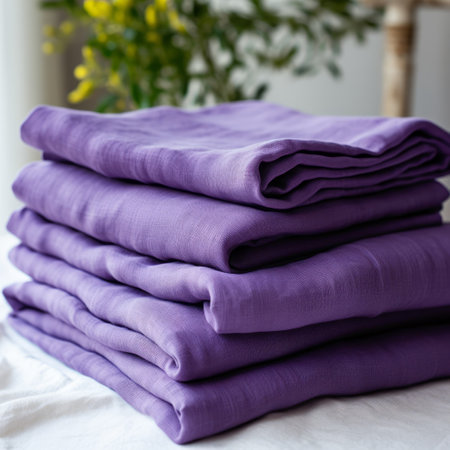 a stack of purple towels, resembling flowing draperies, rests on a bed. the raw materials used in their creation give them an unpolished authenticity. with bright glazes and meticulous technique, these towels exude an expansive, bold yet graceful presence. ai generatedの素材