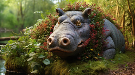 hippo reclines on surrealistic ceramic flower bed, inspired by vray tracing and angus mckie. capturing atmospheric woodland imagery reminiscent of bill gekas, this sculpture boasts a strong facial expression amid detailed foliage. ai generatedの素材