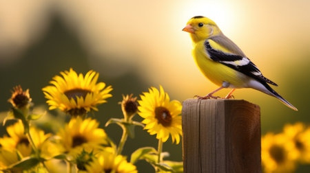 goldfinch perched on a fence post in a farm setting with a backdrop of a lush cornfield, radiating joy and warmth, captured in a stunning photograph with beautiful warm tones. ai generatedの素材