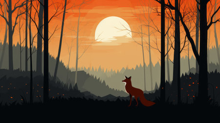 a beautiful fox stands in the forest with a sunset behind it. the flat illustrations style enhances the haunting landscapes, while the smokey background adds depth. the flat perspective captures the essence of caninecore and traditional landscapes. ai generatedの素材