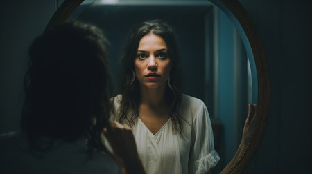 a woman gazes into a mirror, meeting her own eyes in this 8k resolution photo. the style is reminiscent of darkest academia, with elements of psychological horror. maximilian pirner's lens captures an honest portrayal of the subject, as seen through the eyes of lilia alvarado and pegi nicol macleod. keywords: woman, mirror, eyes, 8k resolution, darkest academia, psychological horror, maximilian pirner, lilia alvarado, pegi nicolの素材