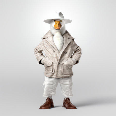 a unique character, a chicken in a suit with a hat and brown shoes, created in the style of zbrush. this white and gray sculpture pays homage to celebrity and pop culture references, drawing inspiration from joachim patinir's art. with elements of duckcore, this creation by duffy sheridan stands out as an extraordinary piece. ai generatedの素材