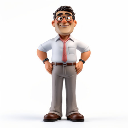 a 3d portrait character of a business executive, in the style of indian pop culture, is depicted smiling while wearing a tie and watch. the character showcases elements of comic figurativism, back button focus, foreshortening techniques, and sculpted features. the overall design presents a cartoon-like appearance with a touch of grit and grain. ai generatedの素材