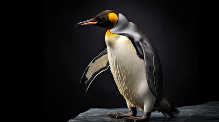 king penguin standing on a rock, captured in a realistic still life style with dramatic lighting. the dark gray and light gold tones complement the black background, creating a photo-realistic effect. the image showcases playful use of light and shadow, reminiscent of eilif peterssen's restored and repurposed techniques. ai generatedの素材