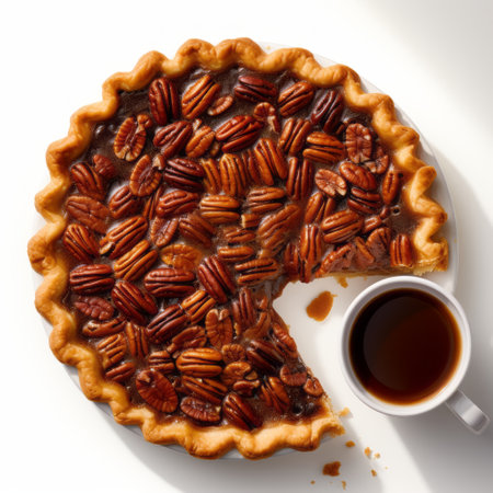 a pecan pie with a slice missing sits on a tabletop, captured in a birds-eye-view style of photography. the image showcases the pie being poured, highlighting its smooth and polished appearance. this uhd image, reminiscent of the work of photographers mike campau and carolyn blish, captures the deliciousness of the pecan pie. ai generatedの素材
