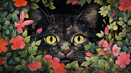 a black cat with yellow eyes peeks from behind pink flowers in this hyper-realistic animal illustration. the illusory wallpaper portraits feature highly detailed foliage and chiaroscuro portraitures. the storybook illustration showcases colorful and eye-catching compositions. ai generatedの素材