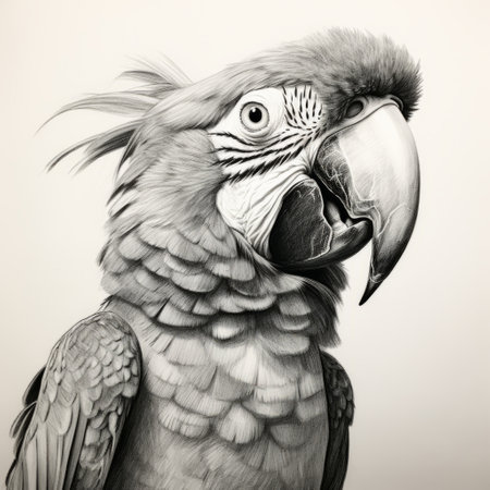 parrot drawing in pen and ink on black-grey paper, inspired by the style of mike campau. this hyperrealistic animal portrait showcases detailed character illustrations in sepia tone. the digital illustration, reminiscent of sebastian errazuriz's work, is digitally enhanced to bring out the intricate details of the parrot. ai generatedの素材