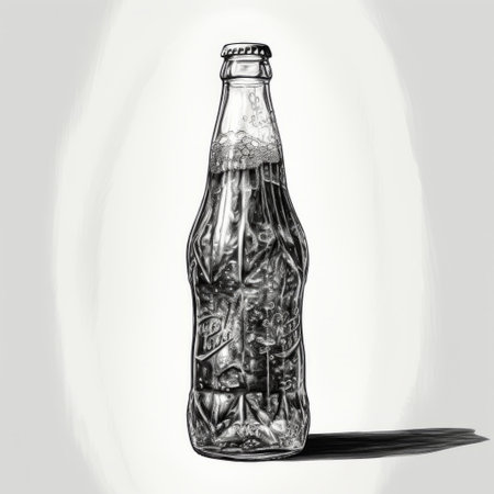 an intricate and bizarre illustration of an empty coca cola bottle is depicted on a white background. the artwork, inspired by the styles of adam elsheimer, stainswashes, jon foster, and comic art, showcases dark silver and light black tones. this unique piece combines elements of konica big mini photography with captivating visual storytelling. ai generatedの素材