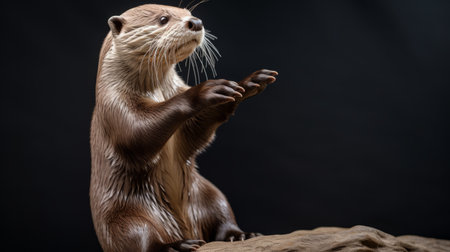 otter sculpture looking at the camera facing up, showcasing vray tracing and theatrical gestures. created using traditional oil-painting techniques, it stands against a black background. the photo captures its photo-realistic details, highlighted by spontaneous gestures. the color palette features shades of magenta and beige, adding depth to this captivating artwork. ai generatedの素材