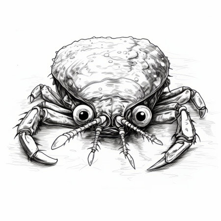 cartoon crab with big eyes, a black and white drawing in the style of liam sharp, tivadar csontvry kosztka, and traditional animation. this artwork by john larriva captures the essence of raw vulnerability, reminiscent of the art of the upper paleolithic era. ai generatedの素材