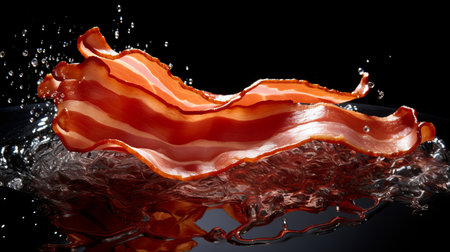 bacon in water splash photography featuring realistic hyper-detailed rendering. the dark red and black color scheme enhances the visual impact. captured in 32k uhd resolution, the image showcases wavy lines and organic shapes. crafted by renowned artist clyde caldwell, this composition highlights the raw materials while delivering a saturated aesthetic. ai generatedの素材