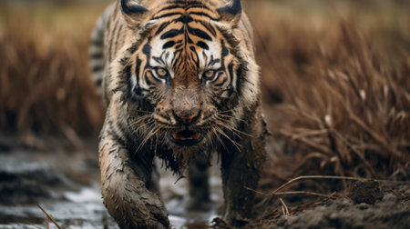 an animal stands in a muddy path surrounded by tall grass, captured in the style of sumatraism. this national geographic photo showcases a strong facial expression. with its 8k resolution, the image brings out the details of the bengal school of art's dark white and dark orange color palette. the sharp focus adds depth to this captivating wildlife scene. ai generatedの素材