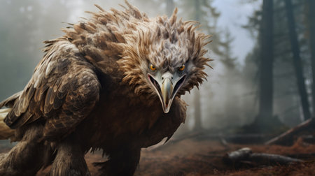 a large eagle peers through the fog, its piercing green eye capturing attention. rendered in unreal engine, this expressive character design embodies explosive wildlife and cryptid academia themes. the captivating scene features spiky mounds in the background, complementing the charming character illustration by stephen darbishire. ai generatedの素材