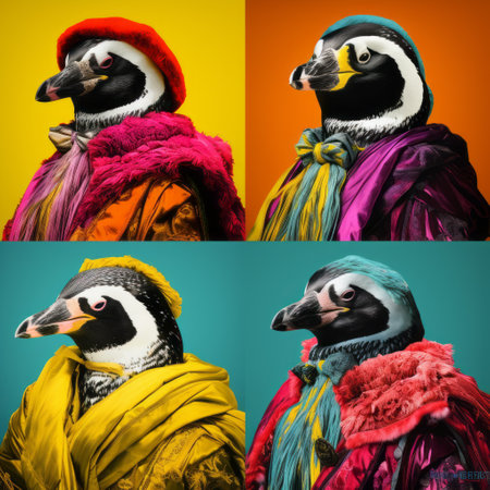 penguins in colorful clothing, three wearing black caps and hats, evoke environmental portraits. digitally manipulated images, quadratura, bright sculptures, kodak aerochrome, collage experimentation, detailed wildlife. ai generatedの素材