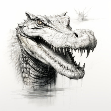 alligator drawing with teeth bared in water, realistic yet fantastical style, white and gray tones. powerful facial expression captured in ultra-high definition. mythological undertones blend seamlessly with elegant inking techniques, creating a captivating fusion of dragon art and aquatic realism. explore this unique alligator illustration that transcends boundaries. ai generatedの素材