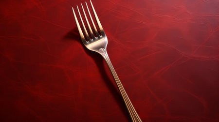 gold fork on red leather background stock photo featuring a juxtaposition of hard and soft lines. the precisionist style captures a realistic yet stylized image, taken with ektachrome, paleocore, matte photo, and reflects absinthe culture. ai generatedの素材