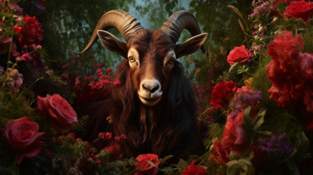 goats, the iconic animals of slovenly living, are captured in this photo featuring a blend of animal and plant elements. inspired by the styles of miss aniela, sam spratt, and jessica rossier, the image showcases a strong facial expression against a backdrop of dark bronze and crimson hues. shot with a canon 50mm f095 lens, this national geographic-worthy photograph beautifully merges the worlds of natureの素材