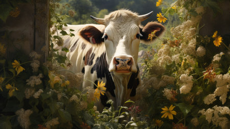 cow walking through lush green grass and flowering shrubs, captured in photorealistic portraiture style. this hyperrealistic wildlife portrait, with a touch of cheese, beautifully depicts the essence of nature. the uhd image evokes the spirit of the hudson river school. ai generatedの素材