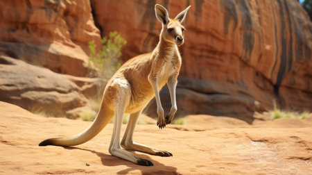 kangaroo standing in the desert, showcasing foreshortening techniques, lively action poses, and post-processing. the image captures the essence of arthur sarnoff's soft-focus technique and serge marshennikov's close-up intensity. ai generatedの素材