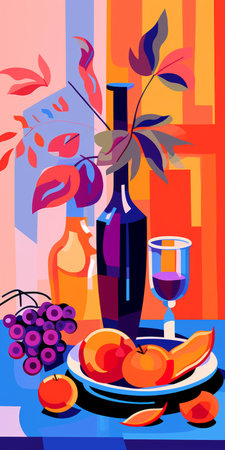 a vibrant display of fruit arranged in a vase takes center stage on a table, showcasing a graphic and pop-art style. the composition combines shades of light crimson and violet, reminiscent of post-cubist art. dmitry spiros' intricate attention to detail extends to the beautifully rendered backgrounds that provide a romantic and flat setting for the image. ai generatedの素材