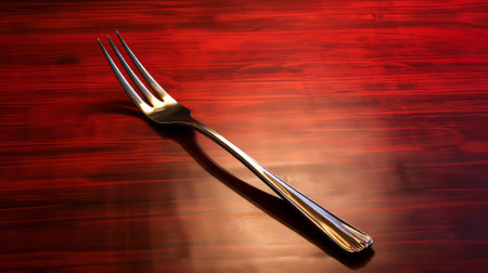 silver fork on black countertop, ektachrome-style photo with red and gold tones, american tonalist influence, distorted perspective, matte finish, bold colors, strong lines, late 19th-century aesthetic. ai generatedの素材