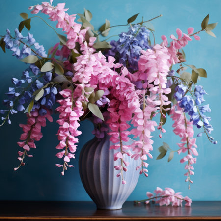 a white and blue vase, in the style of light violet and dark pink, is placed at the top of a table. the hyperrealistic details of the paper sculptures and the delicate flowers create a visually stunning and colorful arrangement. this matte photo showcases the use of traditional japanese artistic techniques. ai generatedの素材