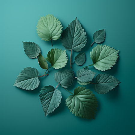 circular arrangement of leaves on a blue background, featuring hyperrealistic rendering. the leaves are in dark green and light cyan, with minimal retouching. this intricate still life showcases focus stacking and paper sculptures, set against richly detailed backgrounds. ai generatedの素材