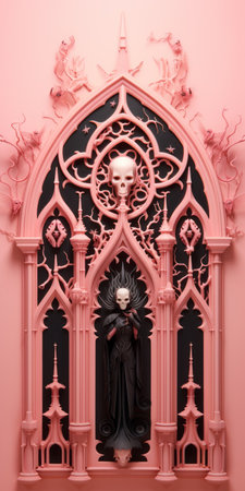 gothic-style paper art featuring a demon statue, adorned with light red and pink hues. this piece showcases arched doorways, meticulous photorealistic still lifes, mind-bending patterns, and detailed character design. explore museum gallery dioramas with captivating skull motifs, immersing you in a world of intricate artistic expression. ai generatedの素材