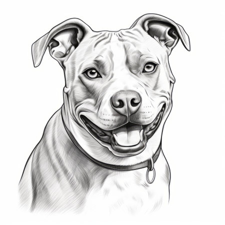 a detailed black and white vector illustration of a pitbull dog breed, showcasing its specific characteristics. this portrait-style artwork captures the essence of the pitbull's head, with a touch of caricature and detailed character illustrations. created using ricoh gr iii and adox silvermax, this image exudes a unique charm. ai generatedの素材