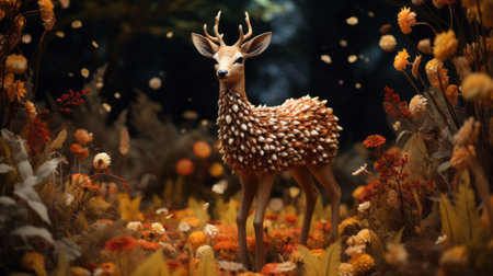 a female deer peacefully sits in a flower-filled autumn field, creating a surrealistic scene rendered in cinema4d. the dappled surroundings enhance the adorable toy sculptures and animated illustrations by kerem beyit, resulting in a tender depiction of nature. ai generatedの素材