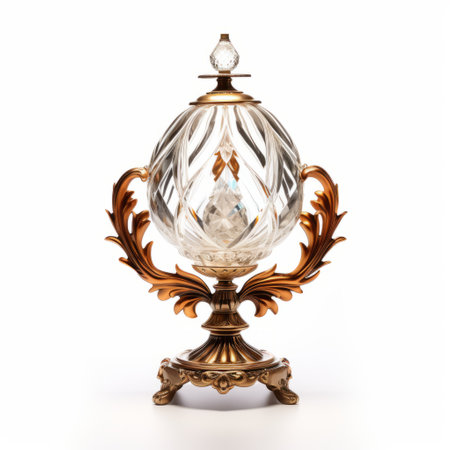 crystal vase with baroque dramatic lighting, high-key lighting, and realistic rendering. this tabletop photography captures the late 19th-century style with light brown and gold hues, creating a stunning and elegant display. the light white and amber tones add a touch of vintage charm to this exquisite piece. ai generatedの素材