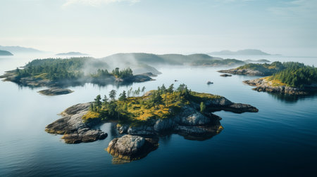 aerial drone photo of a small island with foliage, reminiscent of georg jensen's style. the hazy landscapes create an atmospheric and dreamy ambiance, similar to the works of tyko sallinen and brent heighton. this captivating image, like an associated press photo, beautifully captures the essence of nature. ai generatedの素材
