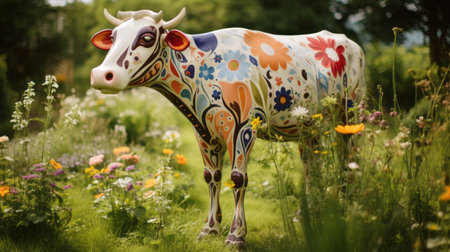 cow sculpture standing on green grass and flowers, nature-based patterns, painted illustrations, 32k uhd, otto muller, emilia wilk, vibrant light and shadow, english countryside. ai generatedの素材