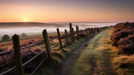 fog and cloud rise over a stone fence in the english countryside during early morning. the landscape showcases high horizon lines, expansive views, and a color palette of light pink and dark amber. lens flares add a touch of artistry to this colorful scene captured with the zeiss batis 18mm f2.8 lens. ai generatedの素材