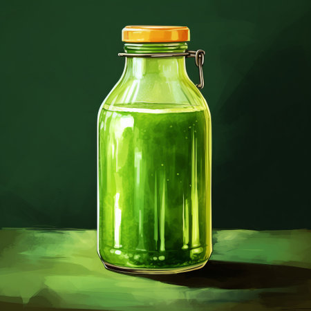 a realistic portrayal of liquid juice illustrated and watercoloured in a bottle, showcasing the dark green style of 2d game art. the flat shading technique adds depth to this creative commons attribution artwork by gari melchers, inspired by the unique aesthetic of zuckerpunk. ai generatedの素材