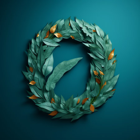 the letter "o" is framed by seagull leaves and surrounded by twisted leaves on a blue background. this illustration is in the style of dark emerald and gold, with vray tracing by eiko ojala. it features nature-inspired installations, innovative page design, impasto texture, and faceted shapes. ai generatedの素材
