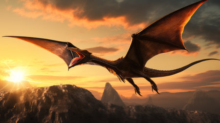 a flying dragon soars through the sky during a breathtaking sunset, showcasing the artistic style of zbrush. the scene features mountainous vistas, with rtx technology enhancing the light orange and light black hues. the realistic lighting creates a lifelike rendering reminiscent of the danish golden age. ai generatedの素材