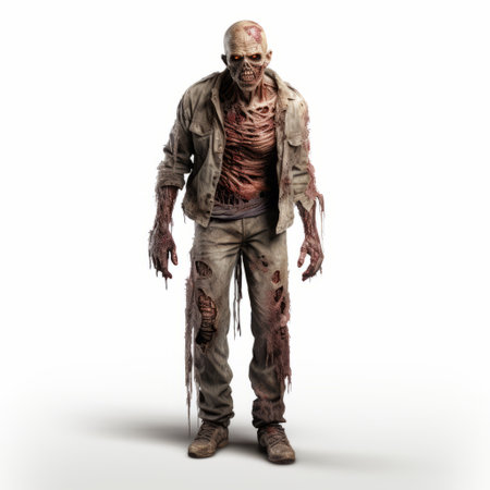 a haunting image of a walking dead zombie figure with his pants pulled up, showcased in the stylish costume design and vray tracing technique. the white background enhances the eerie atmosphere, while the solarization effect adds a touch of intensity. this zombiecore-inspired photo features a captivating blend of light crimson and light brown tones, creating a visually striking composition. ai generatedの素材
