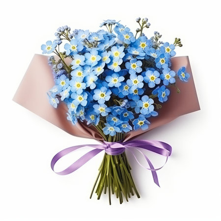 a bouquet of blue flowers with purple bows rests in a paper envelope, showcasing the bold color fusion of light brown and light blue. inspired by the natural beauty of norwegian landscapes, this vibrant arrangement exudes a relatable personality. with sombre undertones and a touch of nostalgia reminiscent of the konica big mini camera, it is a colorful testament to creative artistry. ai generatedの素材