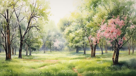 a high-quality photo capturing a painting of a spring forest with yellow blooming trees in the background. the style resembles dreamy watercolor scenes and serene pastoral scenes, showcasing subtle shading techniques by bayard wu. the painting features light emerald and pink hues, creating a colorful ink wash masterpiece. ai generatedの素材