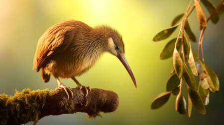 a brown bird perched on a forest branch, showcasing the hyperrealistic style of marine life. the luminescent light adds depth to this duckcore-inspired artwork, reminiscent of the art of tonga. captured using maya rendering techniques, this landscape photograph exhibits a shallow depth of field. ai generatedの素材