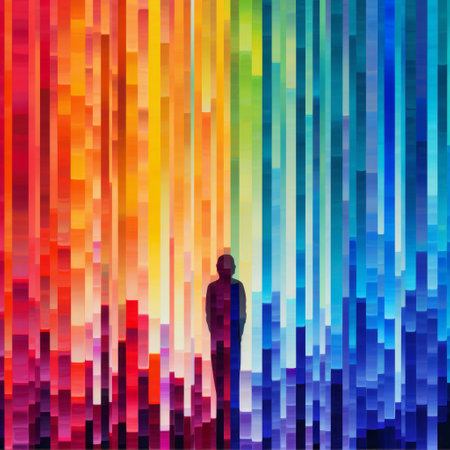 abstract pixelated landscape featuring a vibrant square, reminiscent of life-sized installations. emotive figurative elements blend seamlessly with rainbowcore aesthetics, creating a mesmerizing composition. linear illustrations enhance the beauty of this colorful background. saturated hues captivate, making this artwork a stunning visual experience. ai generatedの素材