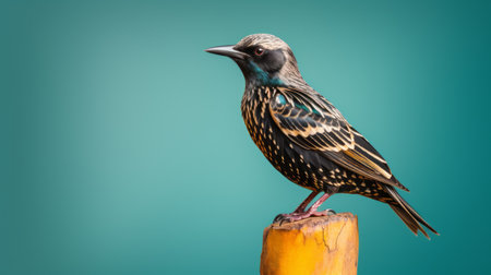 a powerful and emotive portraiture of a bird standing on a white stump, captured in the style of dark gold and cyan. this captivating image, reminiscent of the works of roger deakins and john william godward, showcases the bird's elegance against a backdrop of light turquoise and dark black. shot with a telephoto lens, this pop-culture-infused photograph is a stunning visual representation of nature's beauty.の素材