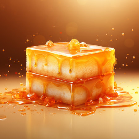 honey cake with evaporant on the table, aggressive digital illustration style, light gold and amber colors, vivid color blocks, zbrush graphic illustration. beautiful and soggy. ai generatedの素材