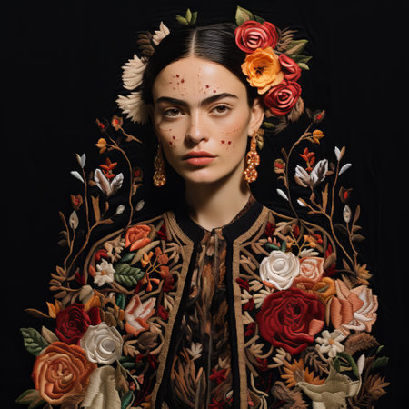 woman wearing an ornamented mask and adorned with flowers and berries, in the style of conceptual embroideries, intense chiaroscuro portraits, inspired by folklore. the dark brown and orange color scheme adds to the national geographic photo's altarpiece feel, with hand-painted details. ai generatedの素材