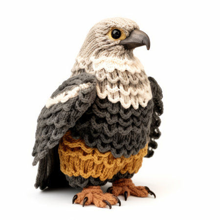 stuffed animal eagle, dark white and gray, highly detailed knitted and crocheted figures, realistic color schemes in light orange and dark gold, miniature sculptures, mountainous vistas. ai generatedの素材